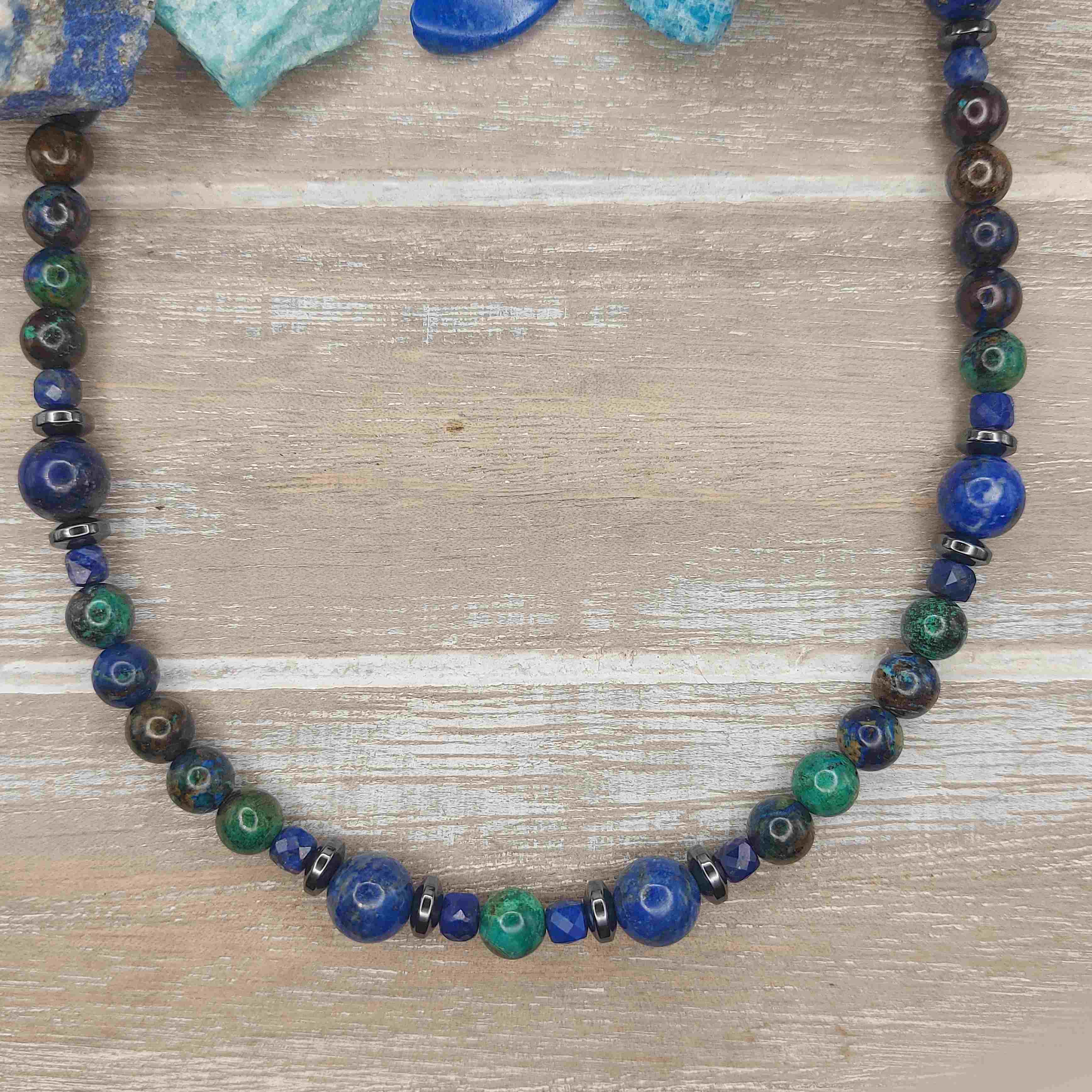 Azurit-malachit és lápisz lazuli férfi ásvány nyaklánc galéria kép