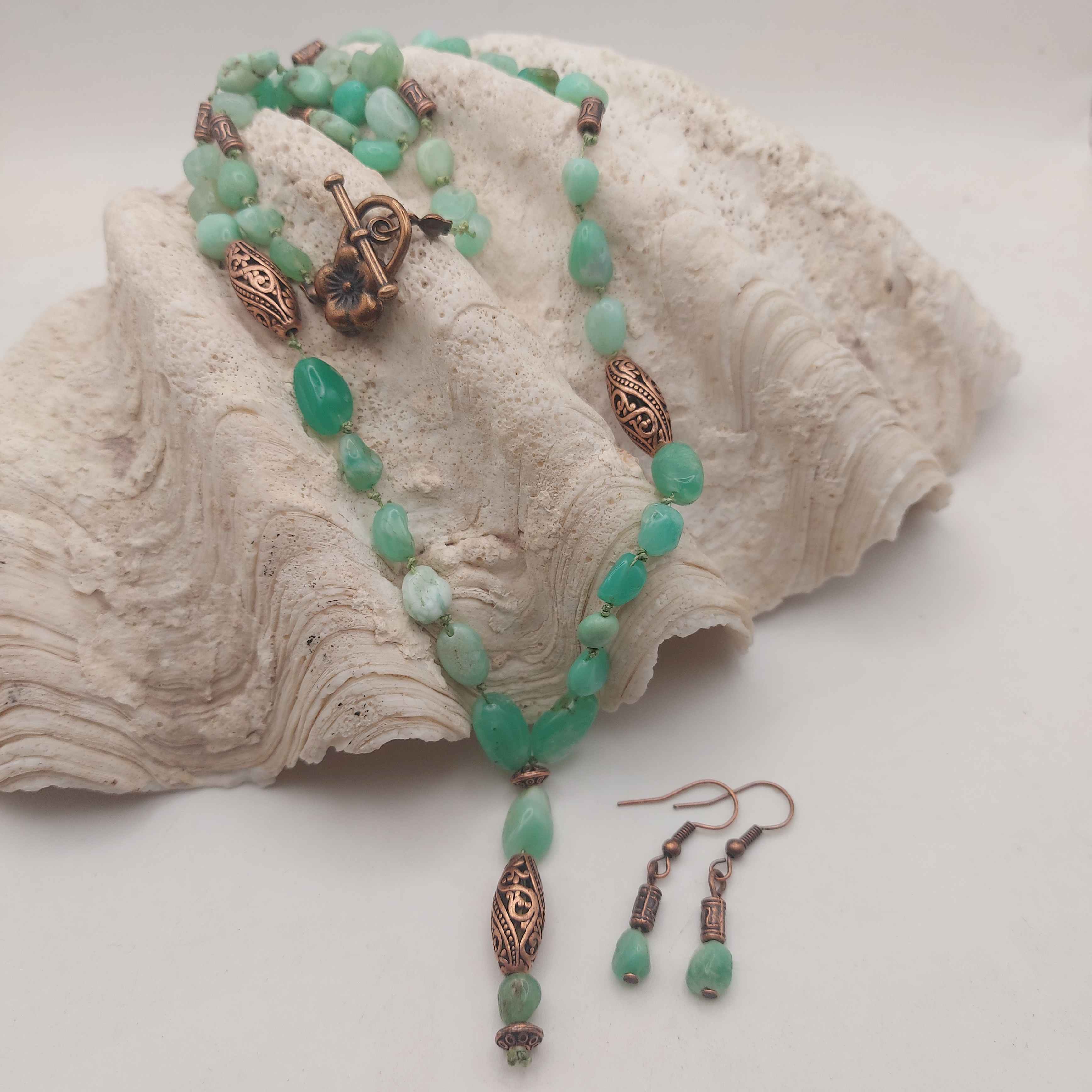 Krizopráz ásvány nyaklánc és fülbevaló