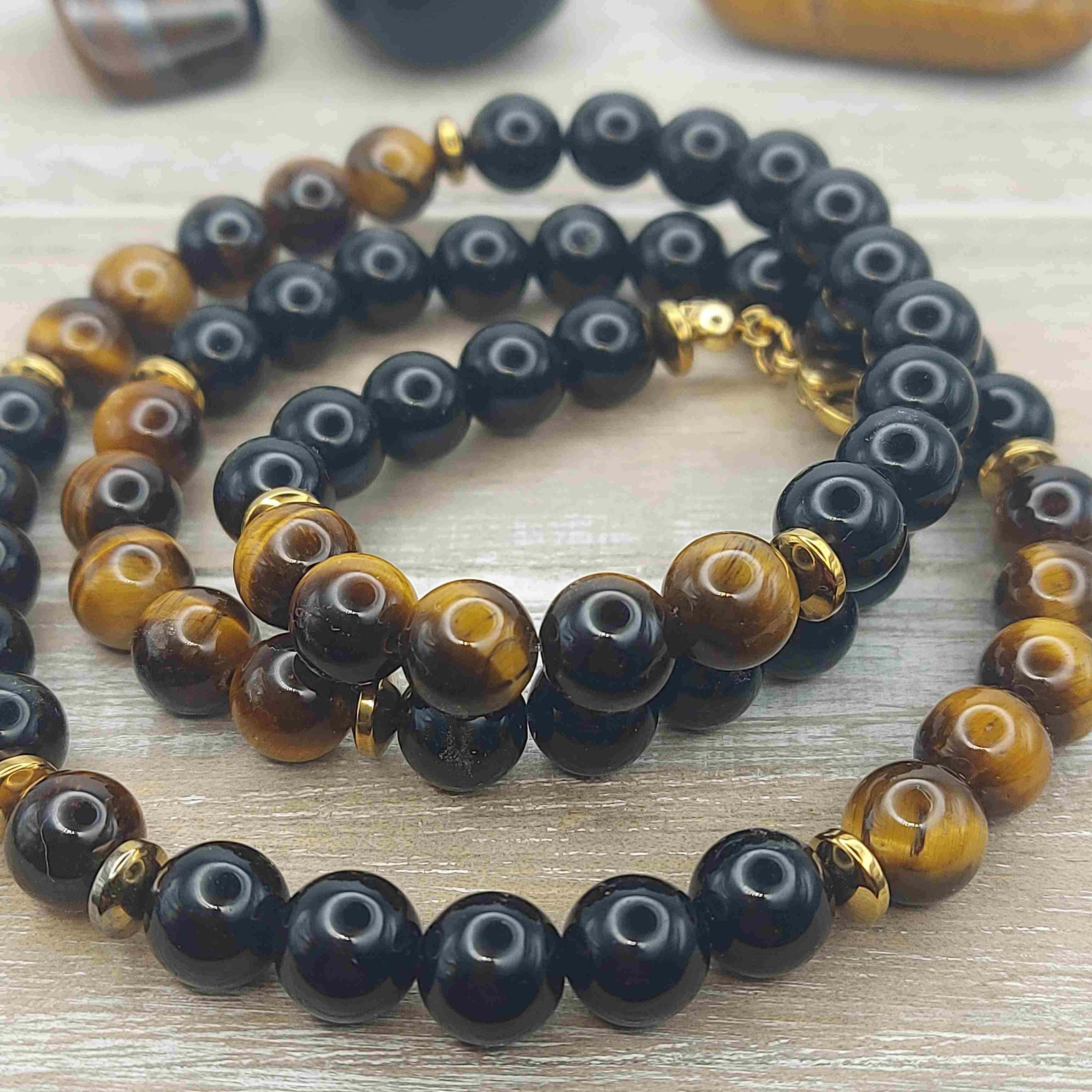 Obszidián és tigrisszem férfi ásvány nyaklánc galéria kép