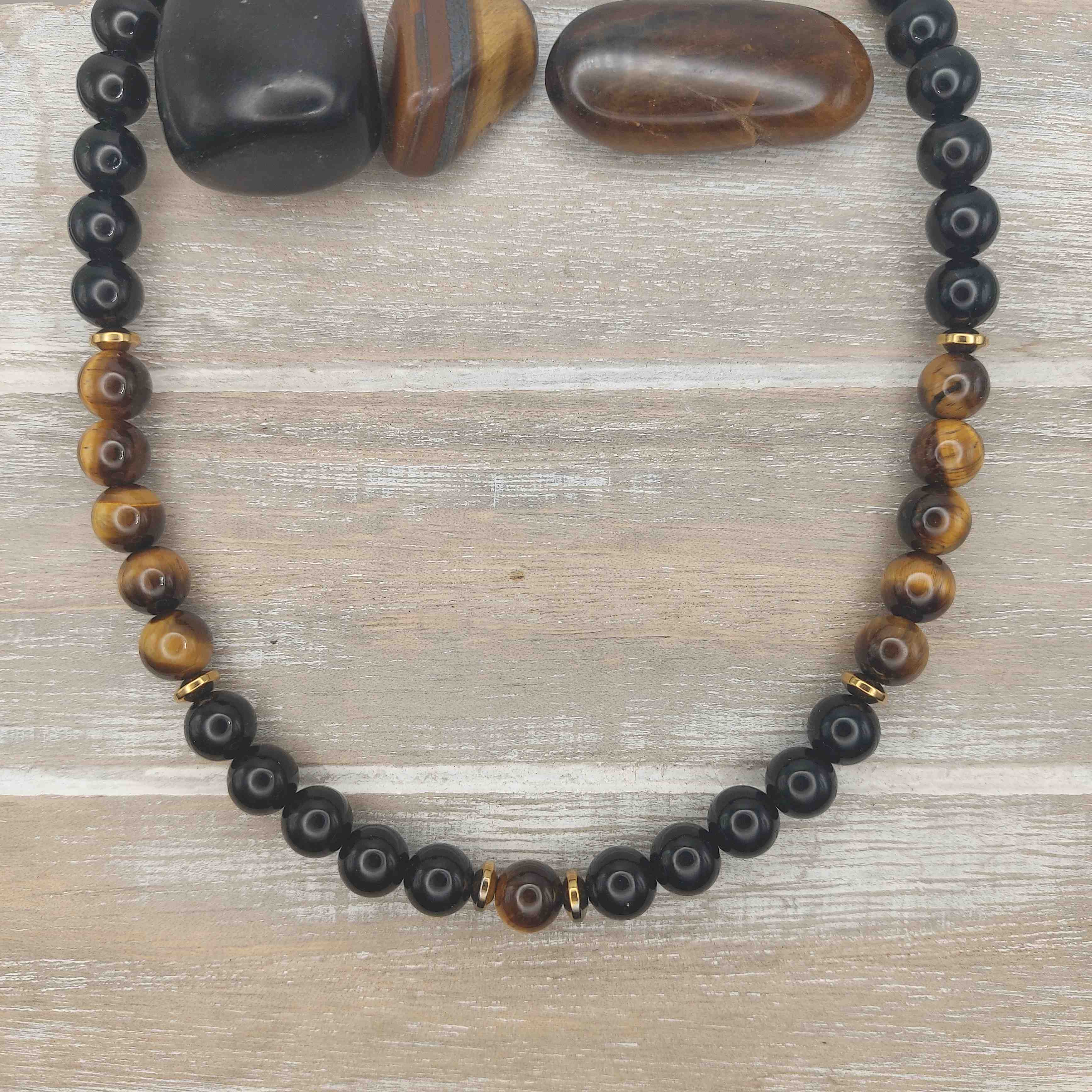 Obszidián és tigrisszem férfi ásvány nyaklánc galéria kép