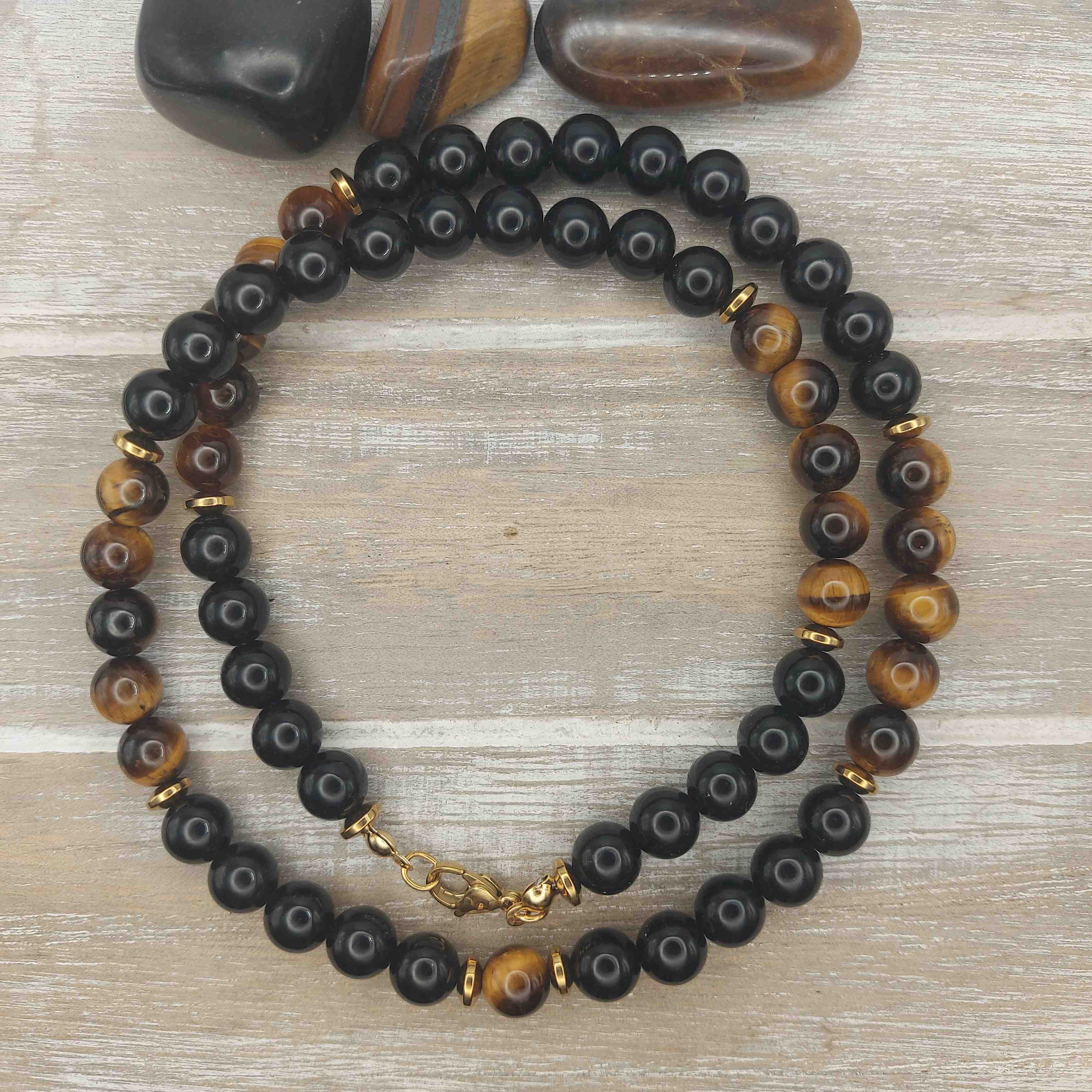 Obszidián és tigrisszem férfi ásvány nyaklánc galéria kép