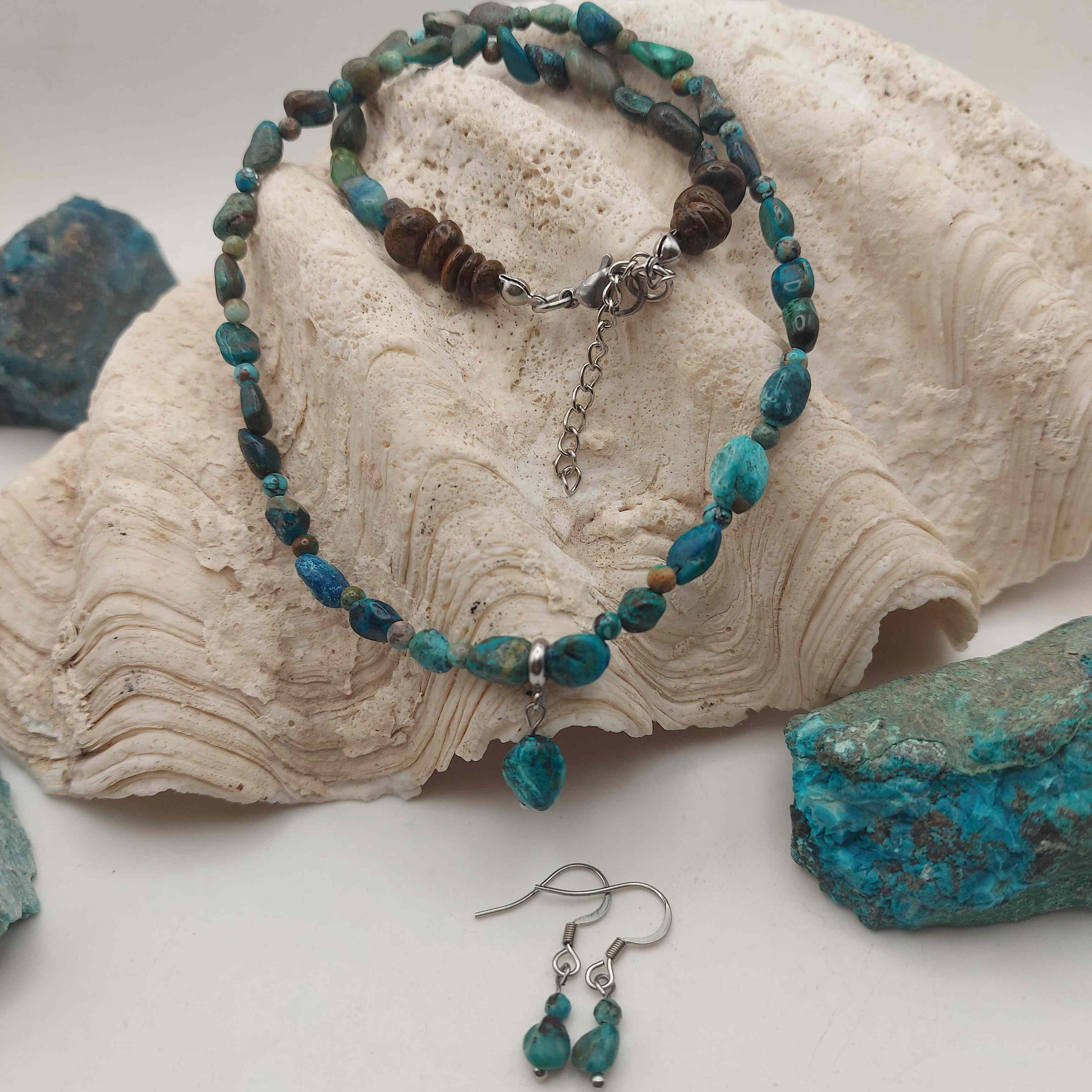 Krizokolla és türkiz női ásvány nyaklánc és fülbevaló szett galéria kép