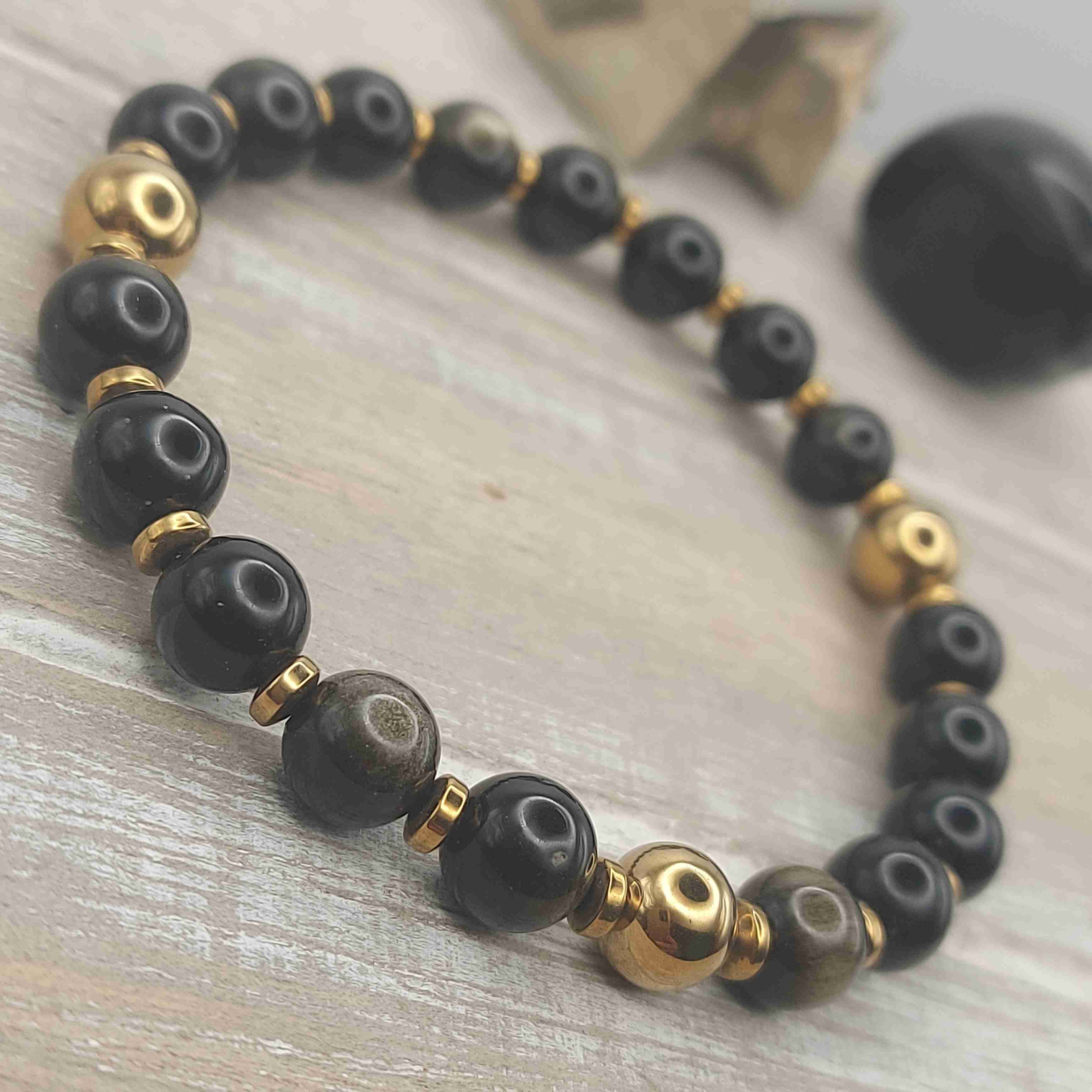 Arany obszidián és hematit férfi ásvány karkötő galéria kép